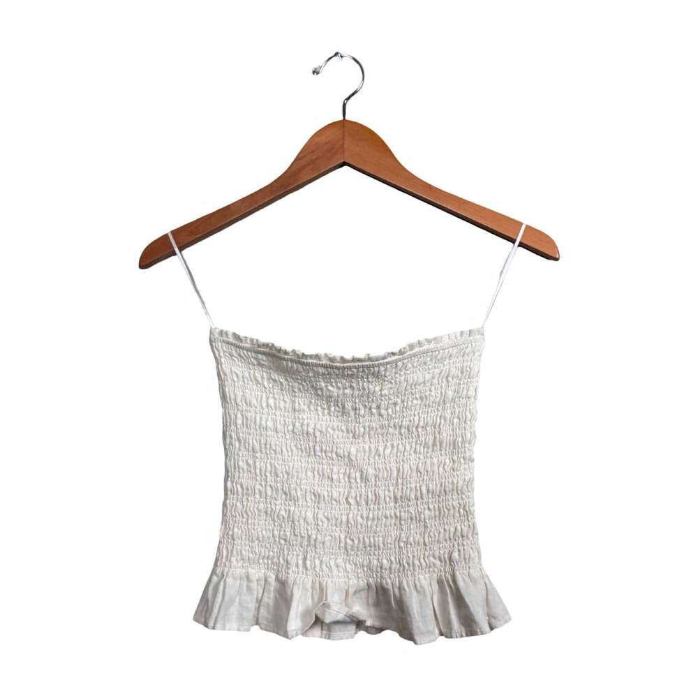 Garage Women's White Solid Smocked Ruffle Hem Adjustable Strap Camisole Top M